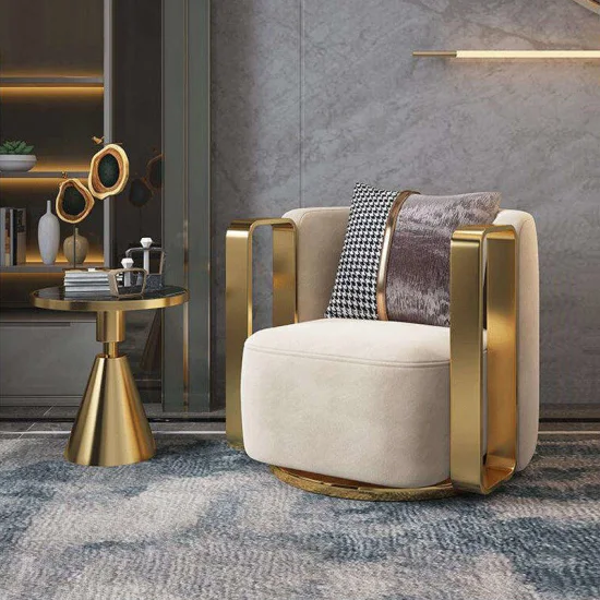 Poltrona giratória moderna para sala de estar, luxuosa, estrutura metálica dourada, sofá único, cadeira para móveis de sala de estar